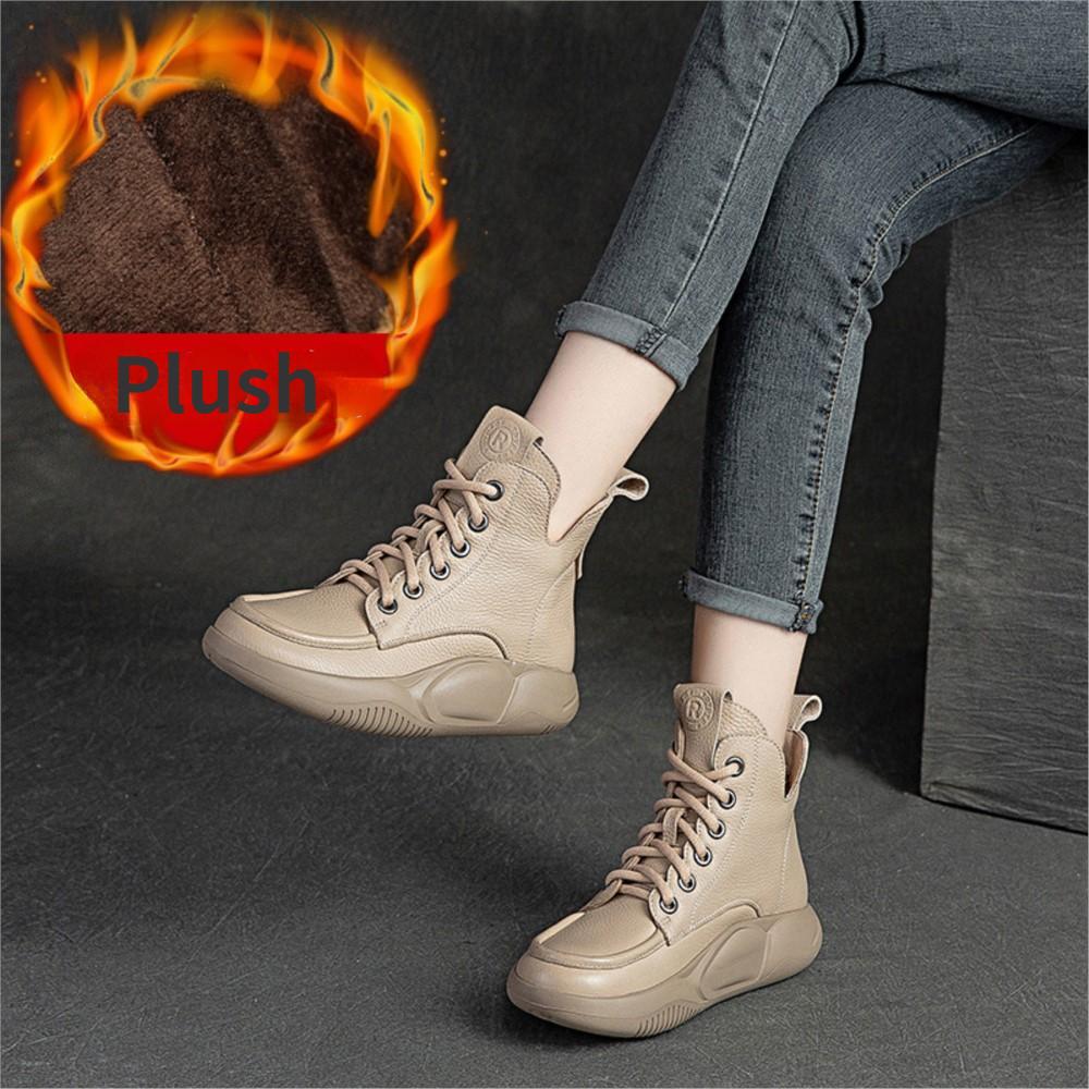 Johnature Γυναικείες μπότες Γνήσιο δέρμα Χειμερινά κορδόνια με στρογγυλά γυναικεία παπούτσια Ράψιμο χειροποίητα ρετρό μποτάκια