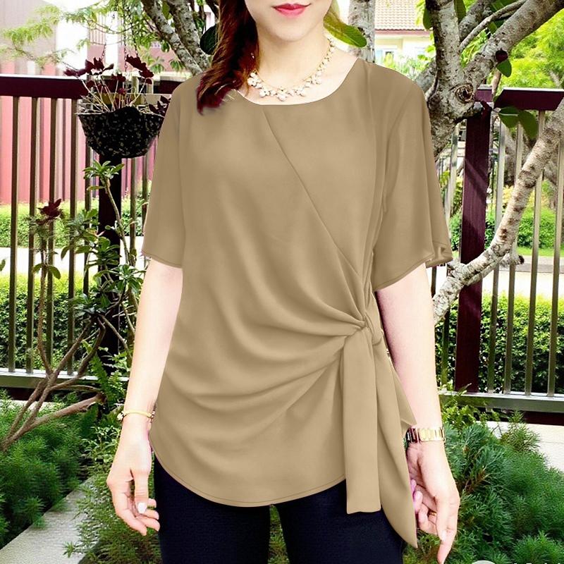 ZANZEA Women Casual Round Neck Loose Summer Short Sleeve Blouse