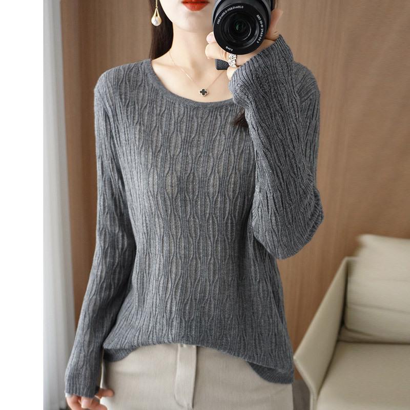 Women's High-Quality Round Neck Crochet Knit Pullover - Long Sleeve, Lightweight, Warm Wool Base Layer Top