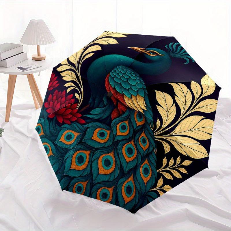 Elegant Peacock with Lotus Flower Circular Art Print Umbrella, Portable 3-Fold Compact Umbrella for Men & Women R154