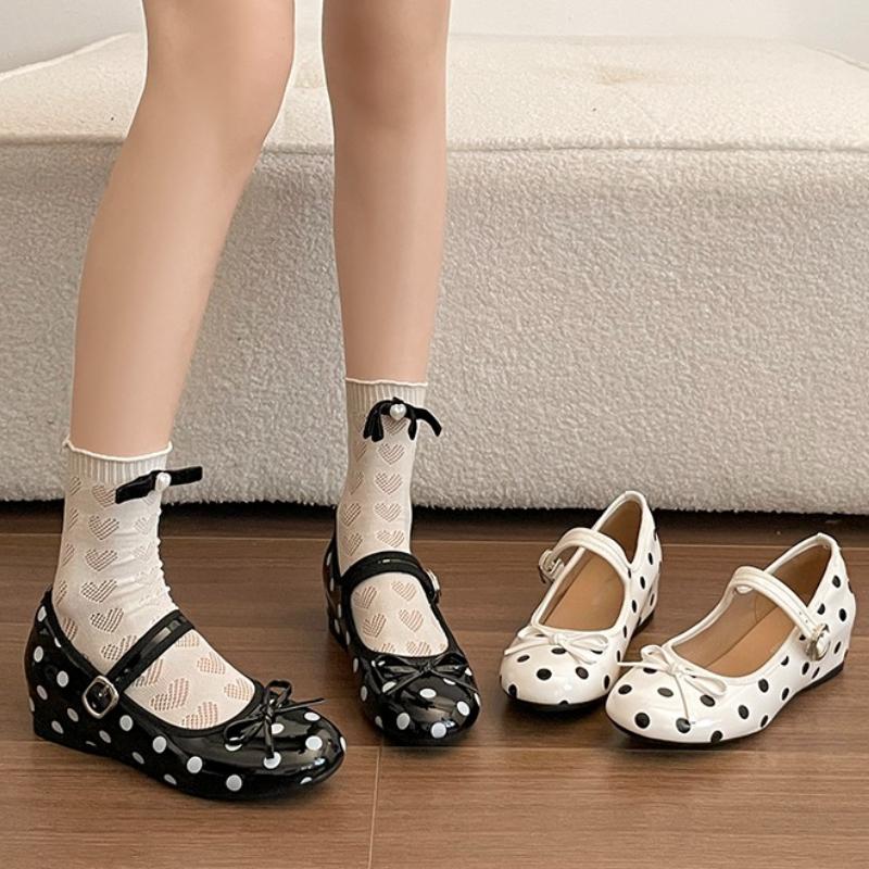 Nieuwe Lente Interne Verhoging Dames Mary Jane Schoenen Beknopte Vlinderknoop Stippen Schoenen Dames Elegante Gesp Riem Dress Schoenen