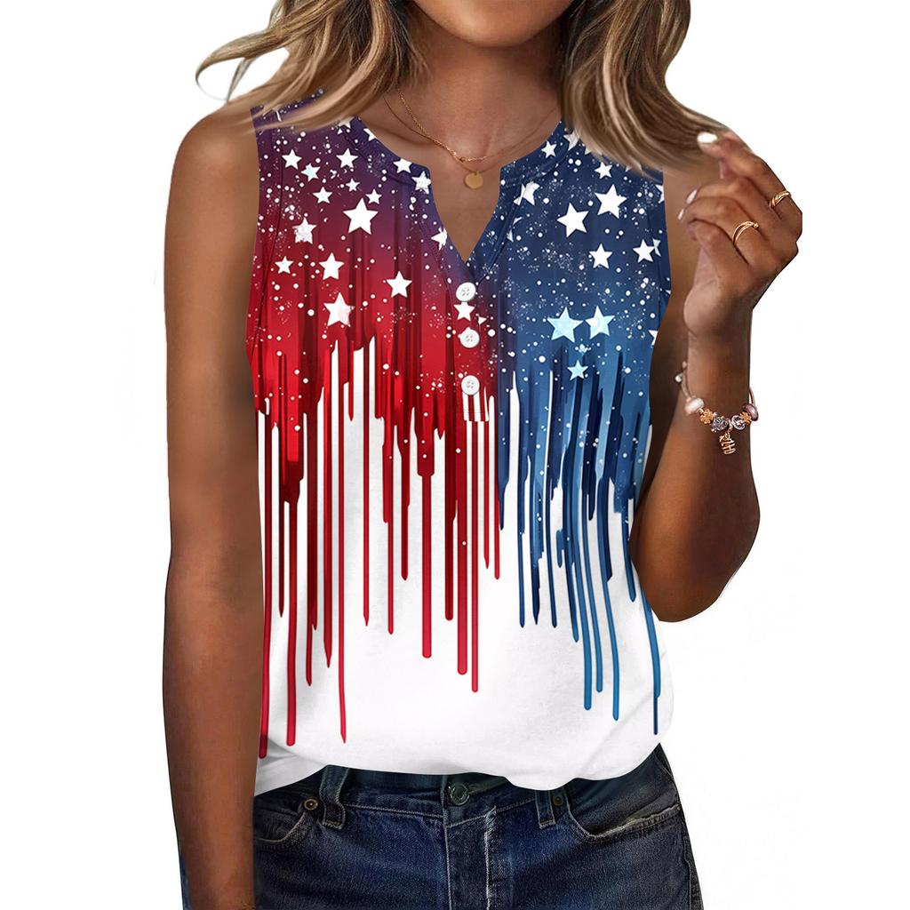 Canotta da donna senza maniche con scollo a V e bottoni sul davanti, camicetta casual estiva, stampa bandiera americana, leggera, vestibilità ampia