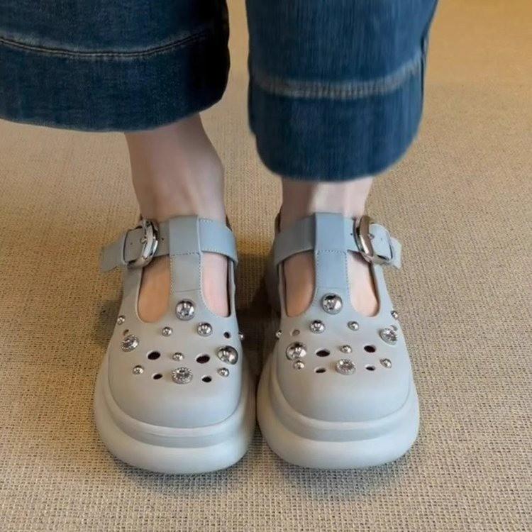 2025 Summer New Leather Thick-soled Heightened Non-slip Soft-soled Cool Slippers Women's Fashion Outer Wear Beach Shoes Hole Shoes