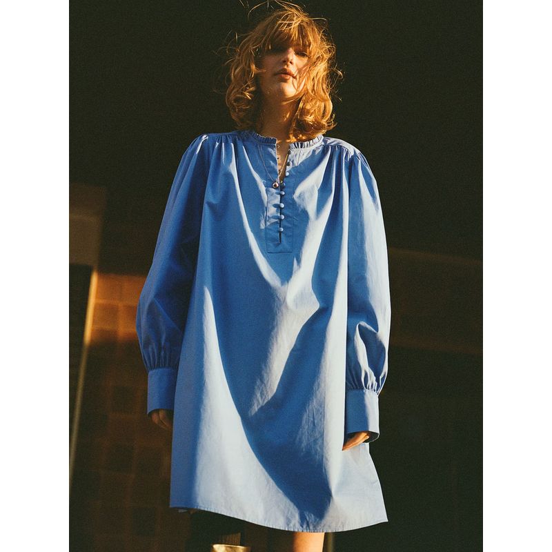 

Foreign Trade Single Blue Cotton Lantern Sleeve Loose A- line Pullover Dress Blue XL