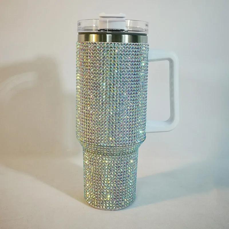 40oz Diamant Thermobecher mit Griff 304 Edelstahl Vakuum Kaffee Isolierflasche Tragbare Auto Flaschen