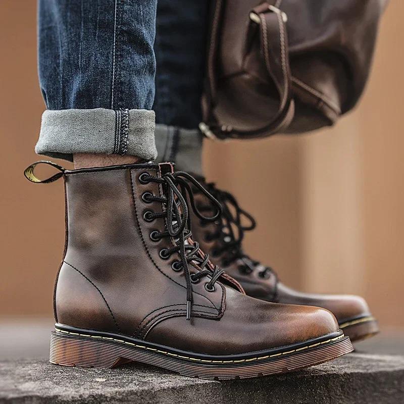 New Couple Boots Men's Women's Genuine Leather Motorcycle Shoes Breathable Waterproof Anti-Slip Warm boots Fashion ankle Boots