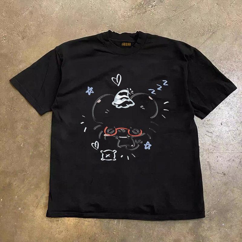 Loose Fit Cotton Tshirt Short Sleeve Double Thread Pure Cotton American Retro Style Unisexs Unisexs Casual Breathable Tee