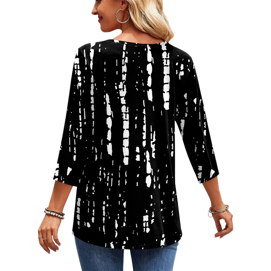 Women's Casual Plaid Print V-Neck Three-Quarter Sleeve Blouse for Everyday Wear