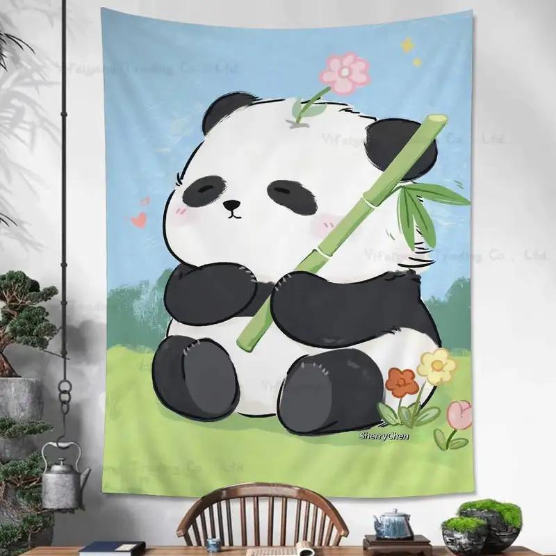Cute Panda Tapestry, Kawaii Cartoon Panda with Bamboo & Flowers Print Wall Hanging for Bedroom Dorm Kids Room Home Decor 100X70CM