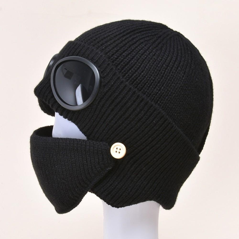 Fleece-lined Warm Woolen Hat Knitted Hat Clothing Accessories Aviatror Glasses Earmuffs Cap with Mask чёрный