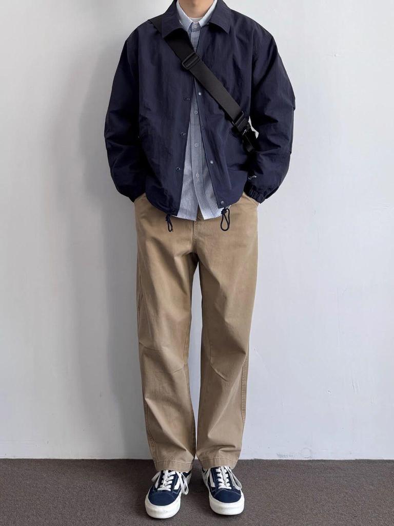 Herren Japanische Retro Locker Geschnittene Coachjacke - Umlegekragen, Vielseitige Unifarbe, Schlichte Frühling/Herbst Arbeitskleidung, Trendiger Uniformstil.