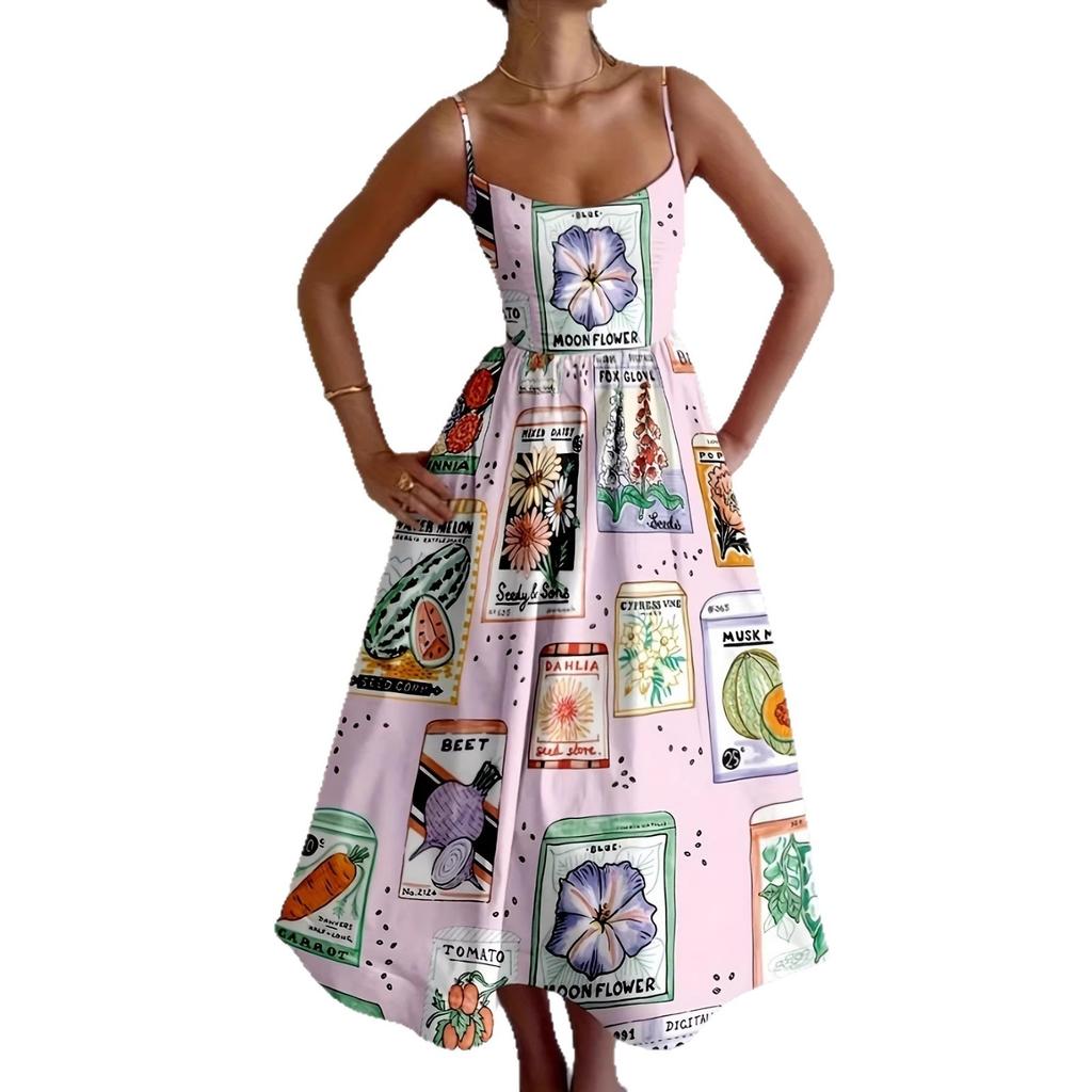 Retro seed print vacation suspender skirt, light pink background color with colorful plant pattern vacation suspender skirt