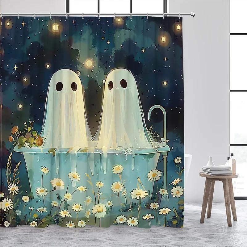 Funny Bathing White Ghost Shower Curtain Watercolour Floral Plant Starry Night Halloween Bath Curtain Fabric Home Bathroom Decor