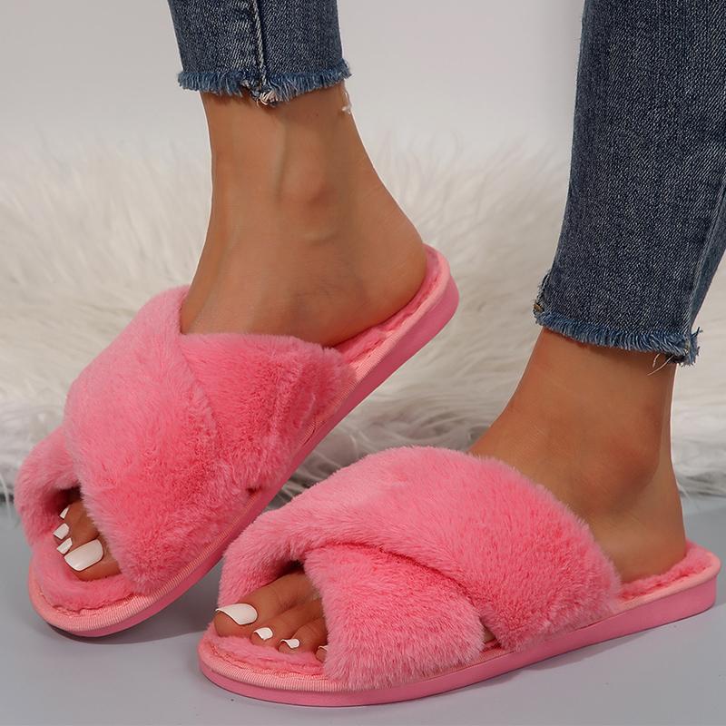 

Модные шлепанцы с перекрестными ремешками из домашнего меха для женщин, мягкие из искусственного меха, однотонные, хлопковые тапочки, женские, легкие, плюшевые шлепанцы 40-41