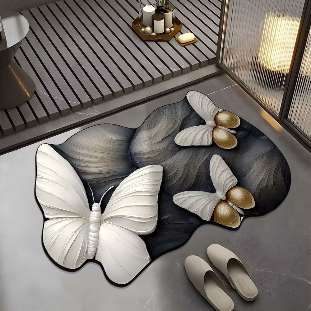 Saugfähige Badezimmermatten 3D Realistische Fußmatte Blume Schmetterling Badematte für Badezimmer Schlafzimmer