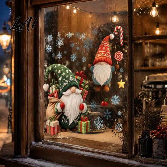 Reusable Static Decals Christmas Gnome Window Cling Waterproof Snowflake Glass Decal PVC Faceless Dwarf Sticker for Holiday Decoration Festive