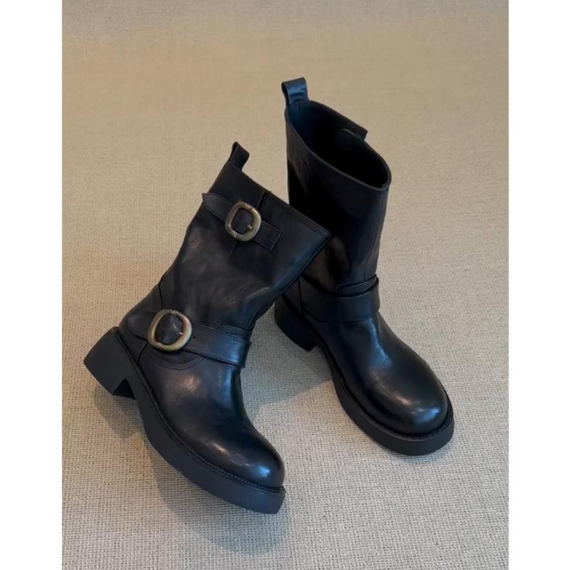 Cowhide version retro belt buckle genuine leather locomotive boots Martin boots women's versatile British style platform knight boots short boots