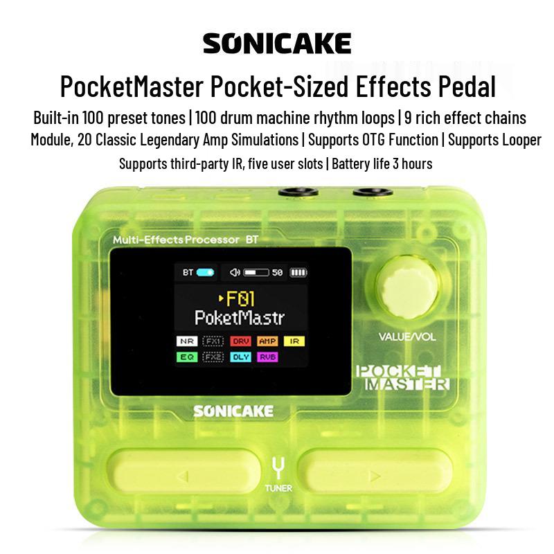 Гитарная педаль мультиэффектов Sonicake Pocket Master с Bluetooth-интерфейсом и драм-машиной неоновый зеленый