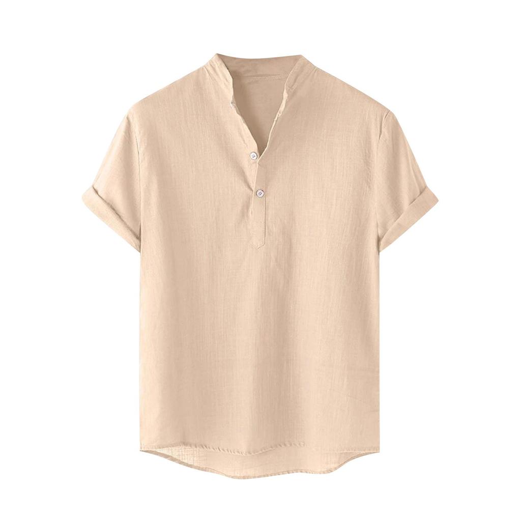 Herrenhemd aus Baumwollleinen, normale Passform, kurzärmelig, V-Ausschnitt, Button-Down-Shirt, Sommerhemd, Strand-T-Shirts