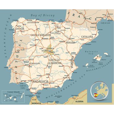 Spanish Map Background Cloth-Spain Map-Line Map Decor Picture for Travel,Educational Tool,Photo Shoot Background