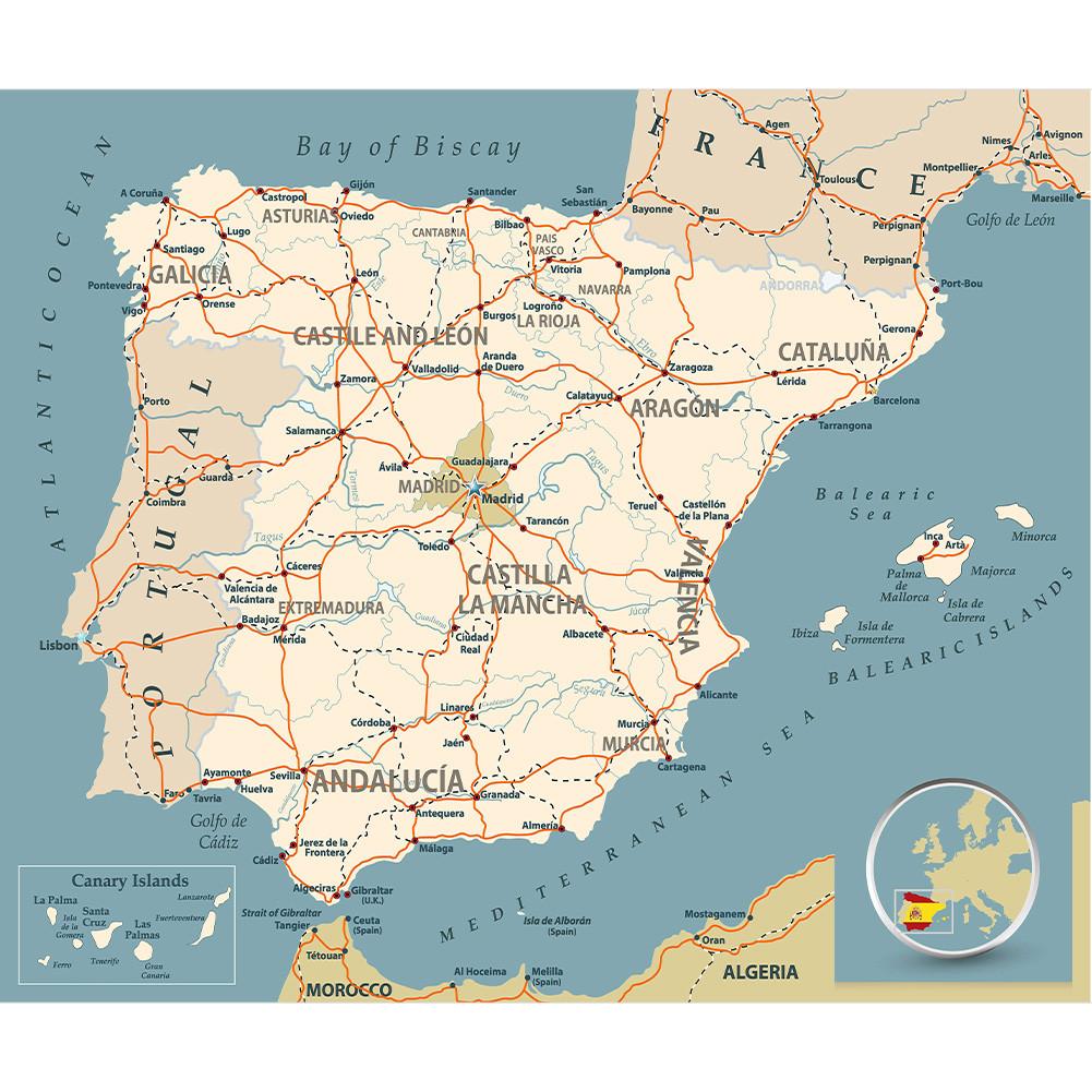 Spanische Karte Hintergrundtuch-Spanienkarte-Linienkarte Dekorbild für Reise,Lehrmittel,Fotoshooting-Hintergrund