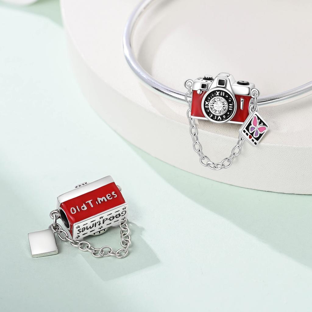 Copper Poker Alarm Clock Charms Colored Zircon Camera Beads Pendant Fit Brand Bracelet Diy Birthday Jewelry Gift