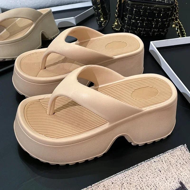 

Fashion 7.5cm Thick Soled Slippers for Women Summer Flip Flops Sandals High-heeled Shoes Thick Bottom Anti-slip Women Beach Shoes Slides 39-40 хаки
