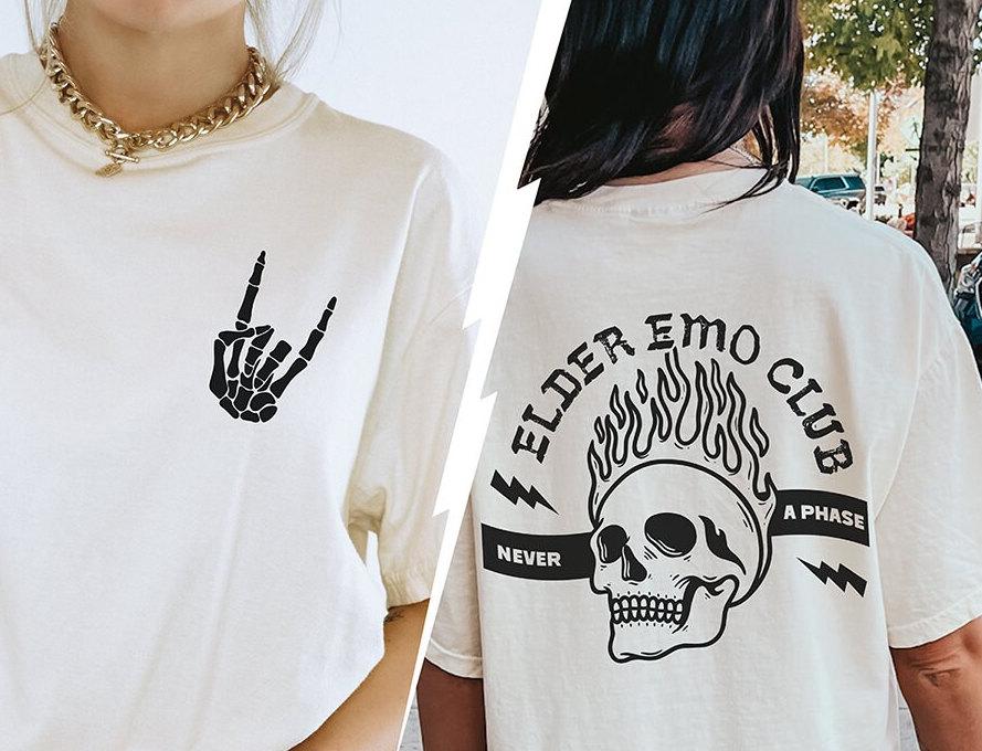 Unisex Elder Emo Club Graphic TShirt Vintage Flame Skull Rock Hand Oversize Black Tee YK Streetwear