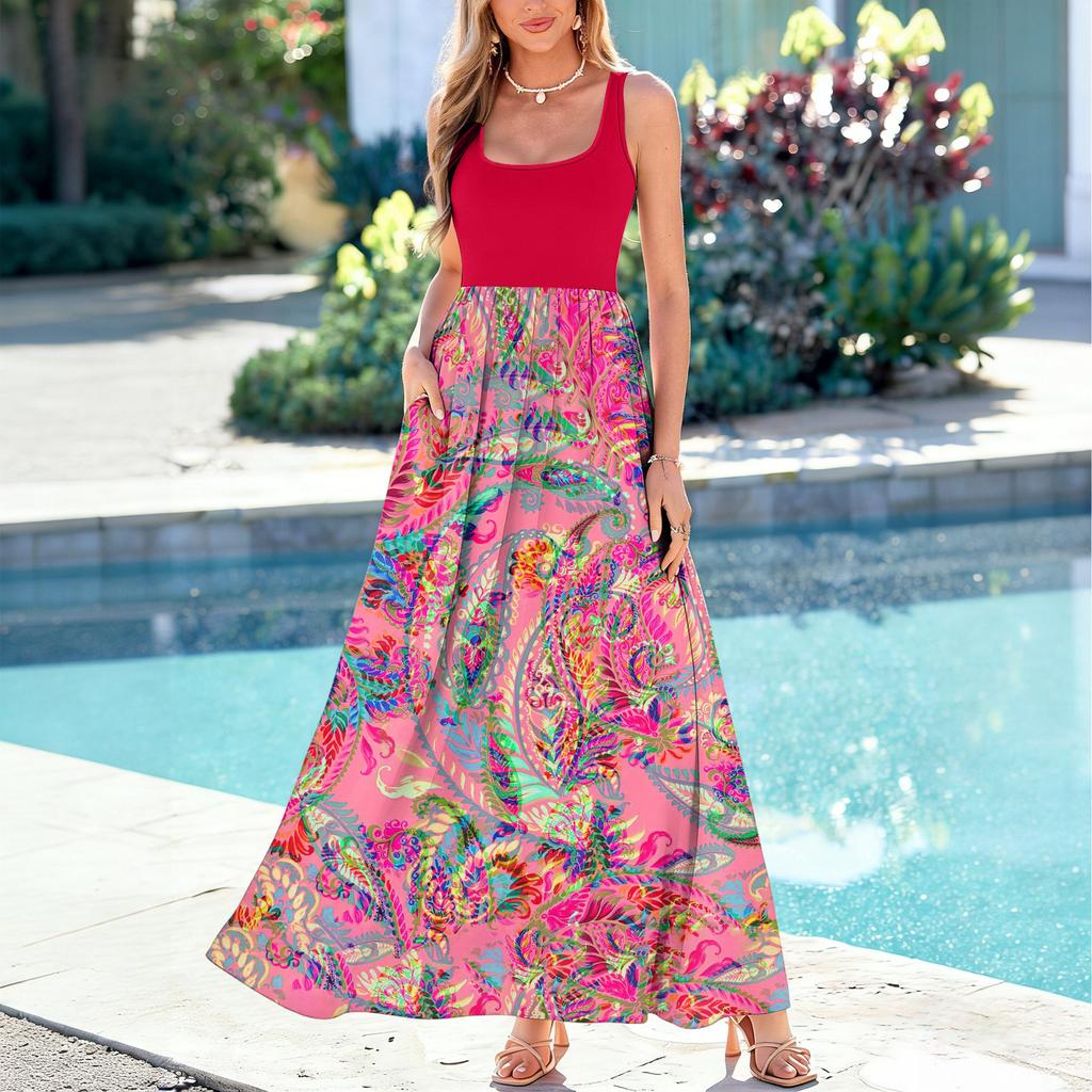 Ladies' floral print summer casual and fashionable sleeveless long dress