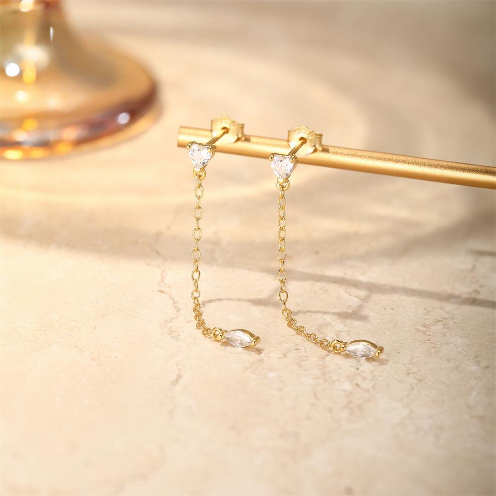 Fashion Jewelry 925 Sterling Silver Long Tassel Chain Diamond Heart Shape Zircon Gold Plated Stud Earrings for Women