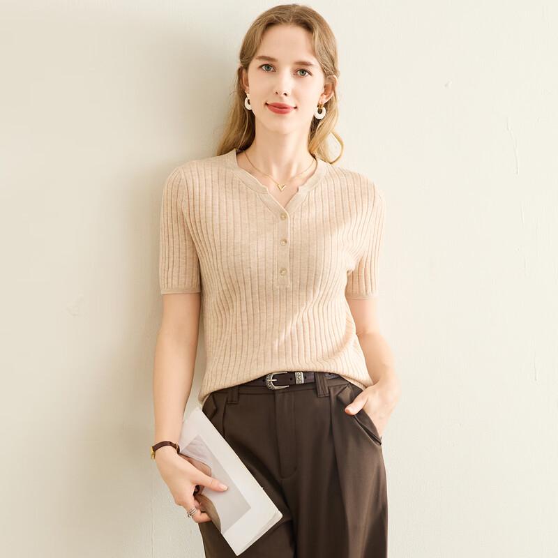 

TUHUANG Women s Merino Wool Ribbed Knit V-Neck Short Sleeve T-Shirt L