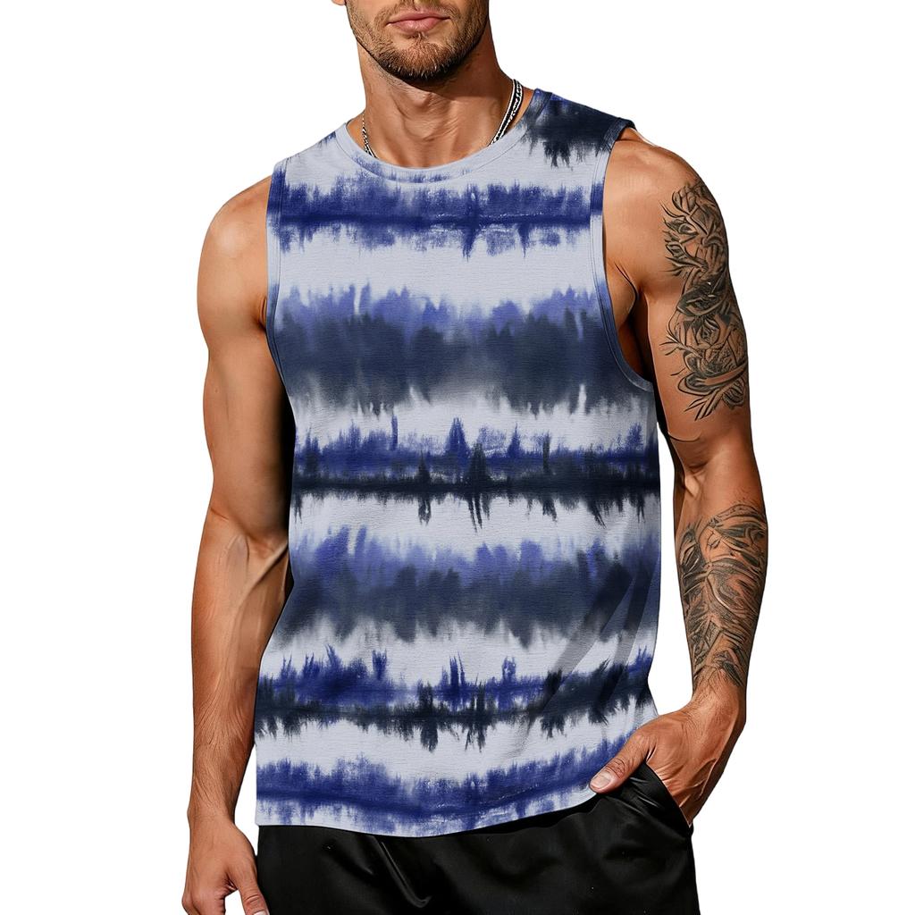 Mens Sleeveless Tie Dye Print Tank Top Crew Neck Casual Loose Fit Muscle Shirt for Summer Gym Workout Beachwear