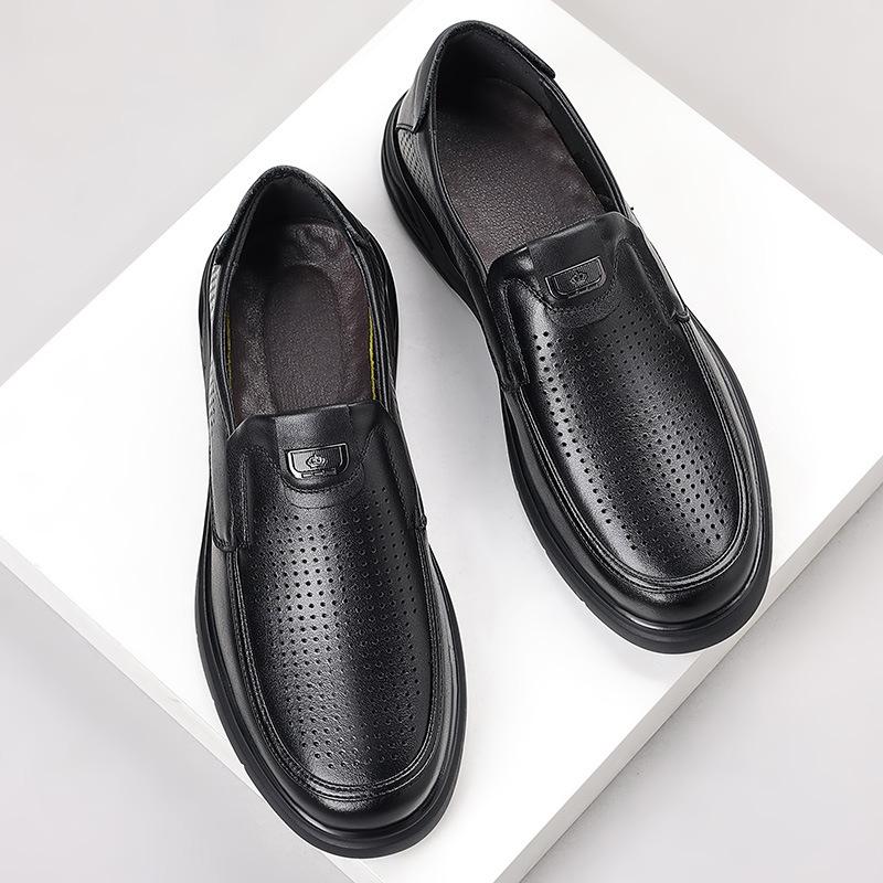 Cool leather shoes men's leather soft sole summer comfortable and breathable dress business men's shoes round head hollow casual hole hole men's shoes