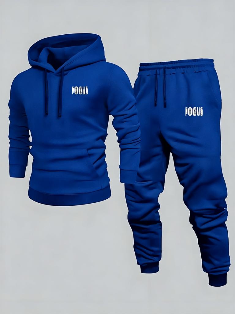 Layerbadge Men Hoodie & Jogger Set, Bold Wave Stacked Word Typography Art Print, Thick Fleece Sport Suit for Light Daily Sport Activities
