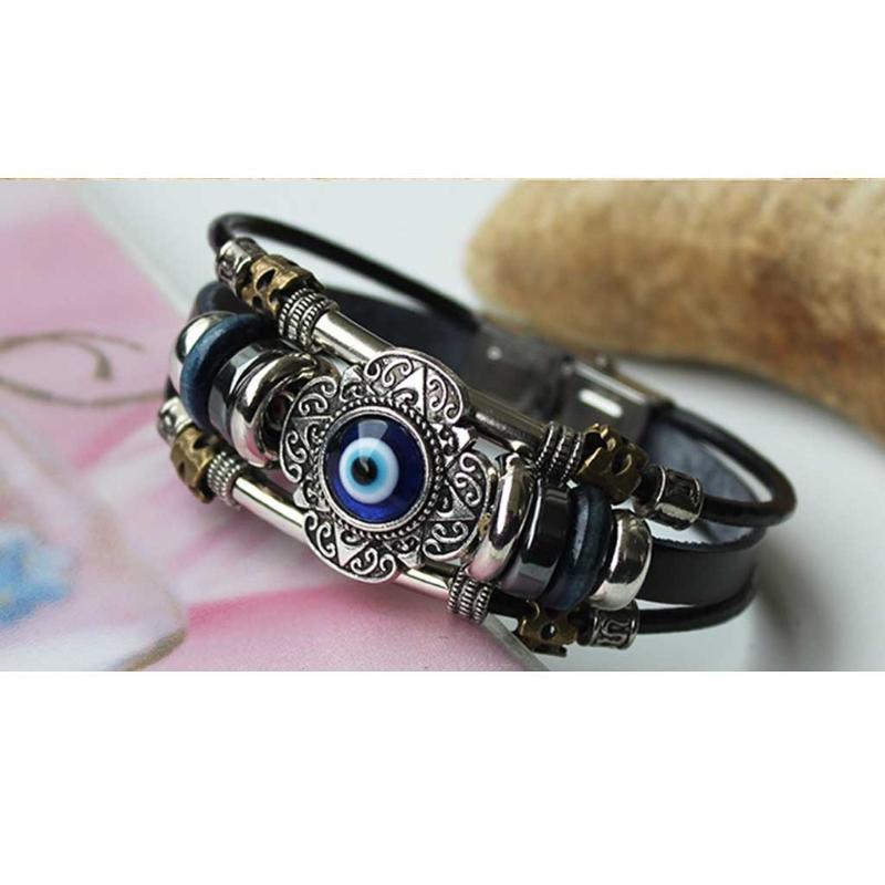 Lucky Eye Turkish for Evil Eye Bracelets For Men Women Punk Style Flower Handmade Jewelry Multilayer Black Leather Bangl