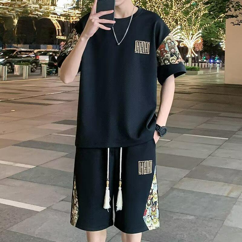 

Embroidered Stitching Short-sleeved T-shirt Men s Summer Retro Sports Shorts Suit Men s Set 8XL чорний