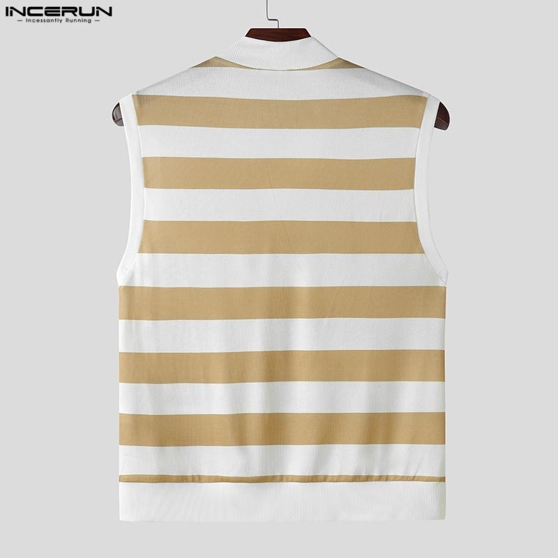 INCERUN Summer Men Stand Collar Sleeveless Striped Print Casual Tank Tops