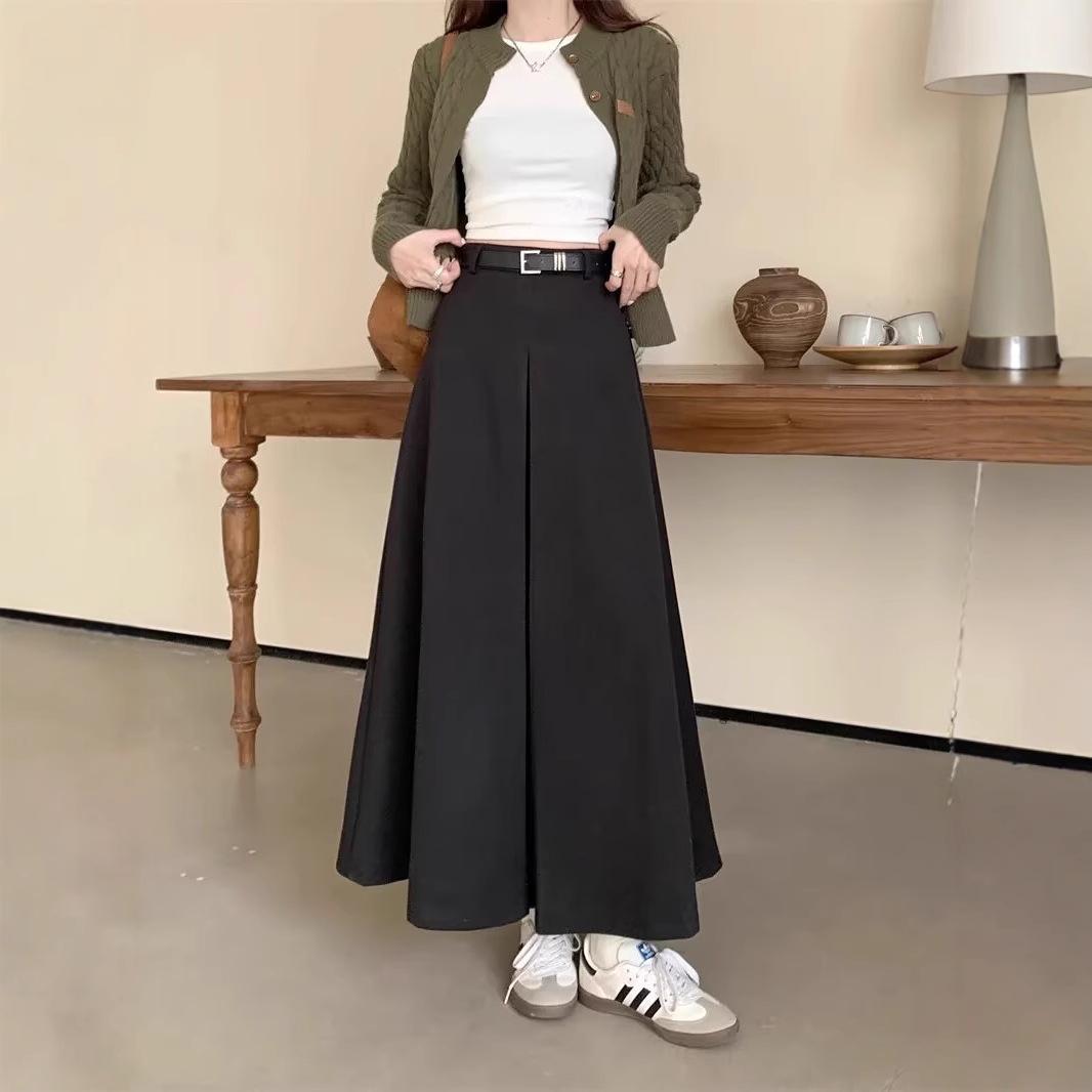 

Autumn & Winter High-Waisted A-Line Wool Skirt with Ruffles & Full Swing L чёрный