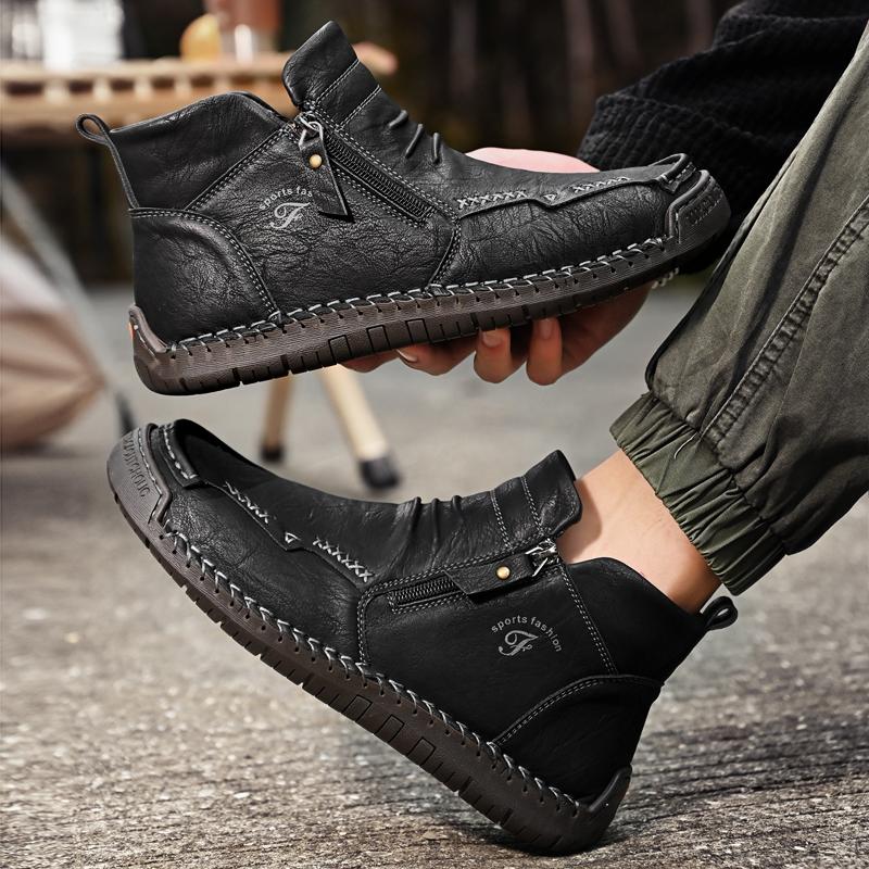 Men's Leather Boots Zipper High Top Casual Shoes
