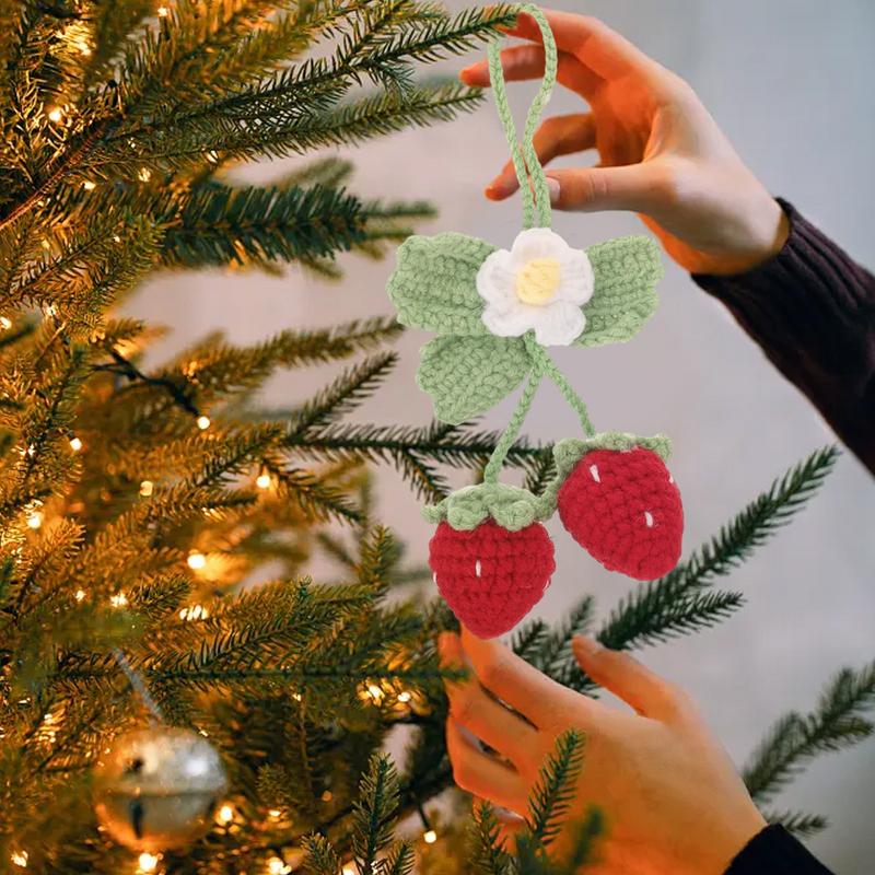 Strawberry Car Mirror Decor Cute Handmade Knitted Strawberry Car Pendant Fruit Hanger For Rear View Mirror Accessories Car Gifts