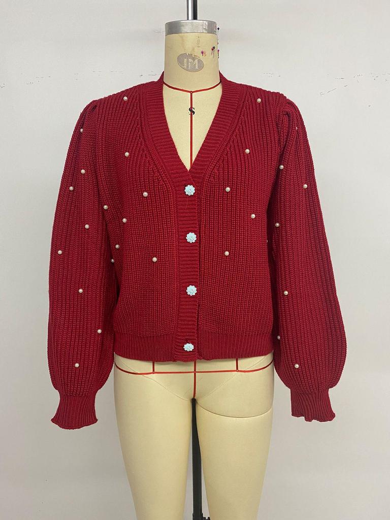 2026 Spring Valentine's Beaded V-neck Cardigan Sweater - Women's Fashion European & American Style
