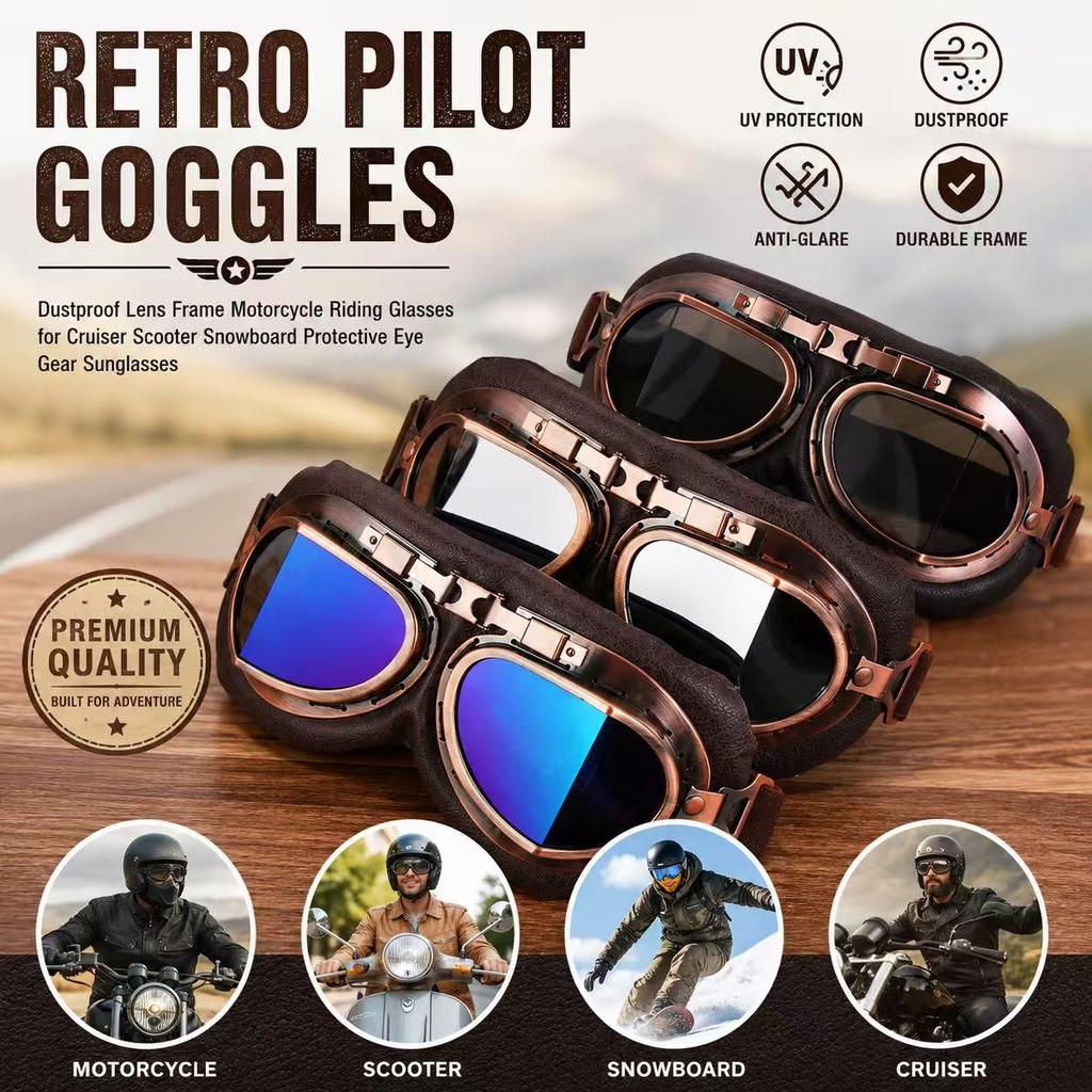 Retro Pilot Goggles Dustproof Lens Frame Motorcycle Riding Glasses for Cruiser Scooter Snowboard Protective Eye Gear Sunglasses2