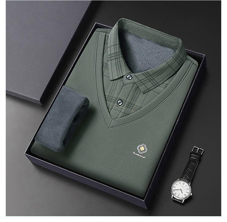 Men's Autumn/Winter Faux Two-Piece Fleece Polo Base Layer Shirt