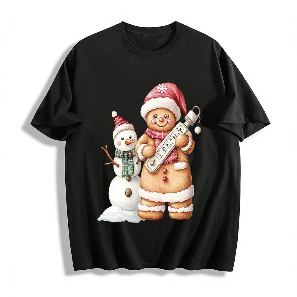 

Christmas Gingerbread Man Snowman Thermometer Print Top Pure cotton T-shirt XXS
