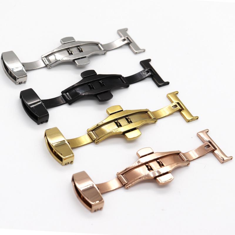 Black Double Push Butterfly Clasp Stainless Steel Genuine Leather Watch Strap Buckle - In Stock Watch Accessory