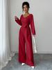 Sophisticated Women's Solid Color V-neck Jumpsuit - Spring/Autumn 2025 Collection