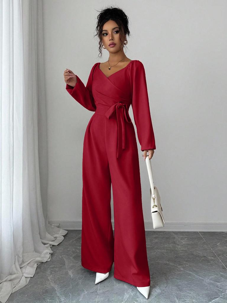 Sophisticated Women's Solid Color V-neck Jumpsuit - Spring/Autumn 2025 Collection