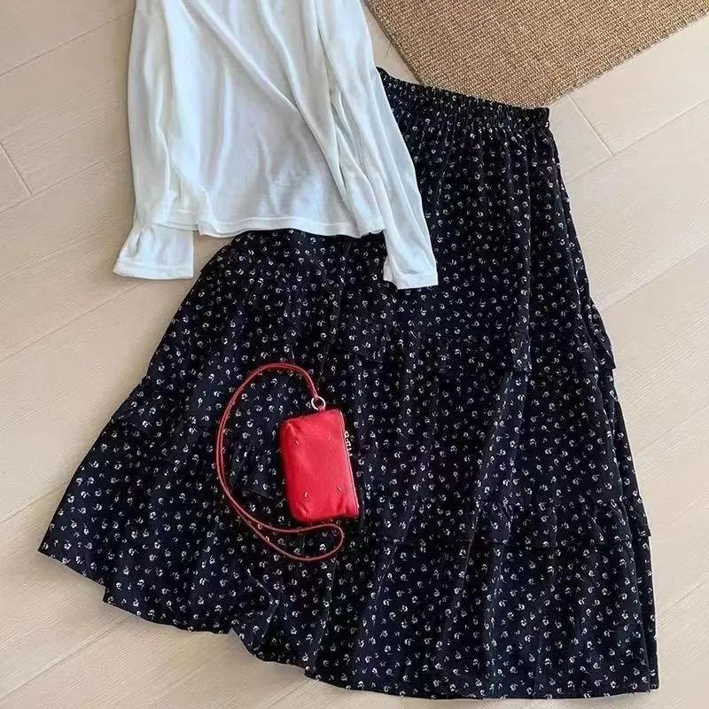 Women's Floral Print Tiered Maxi Skirt, High Waist Elastic A-Line Casual Long Skirt