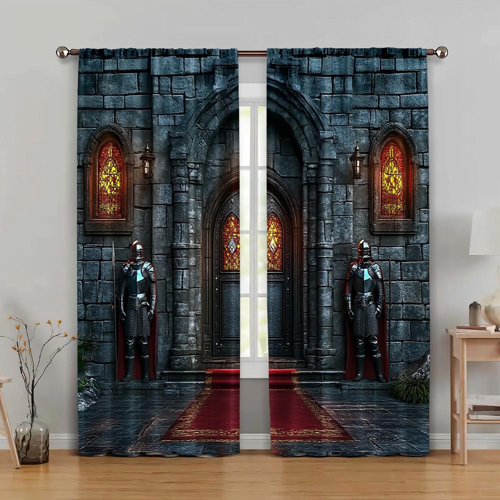 2pc,  Curtains Medieval Castle Versatile 100% Polyester,Without Electricity Birthday Party Use for With Rod Pockets, Translucent