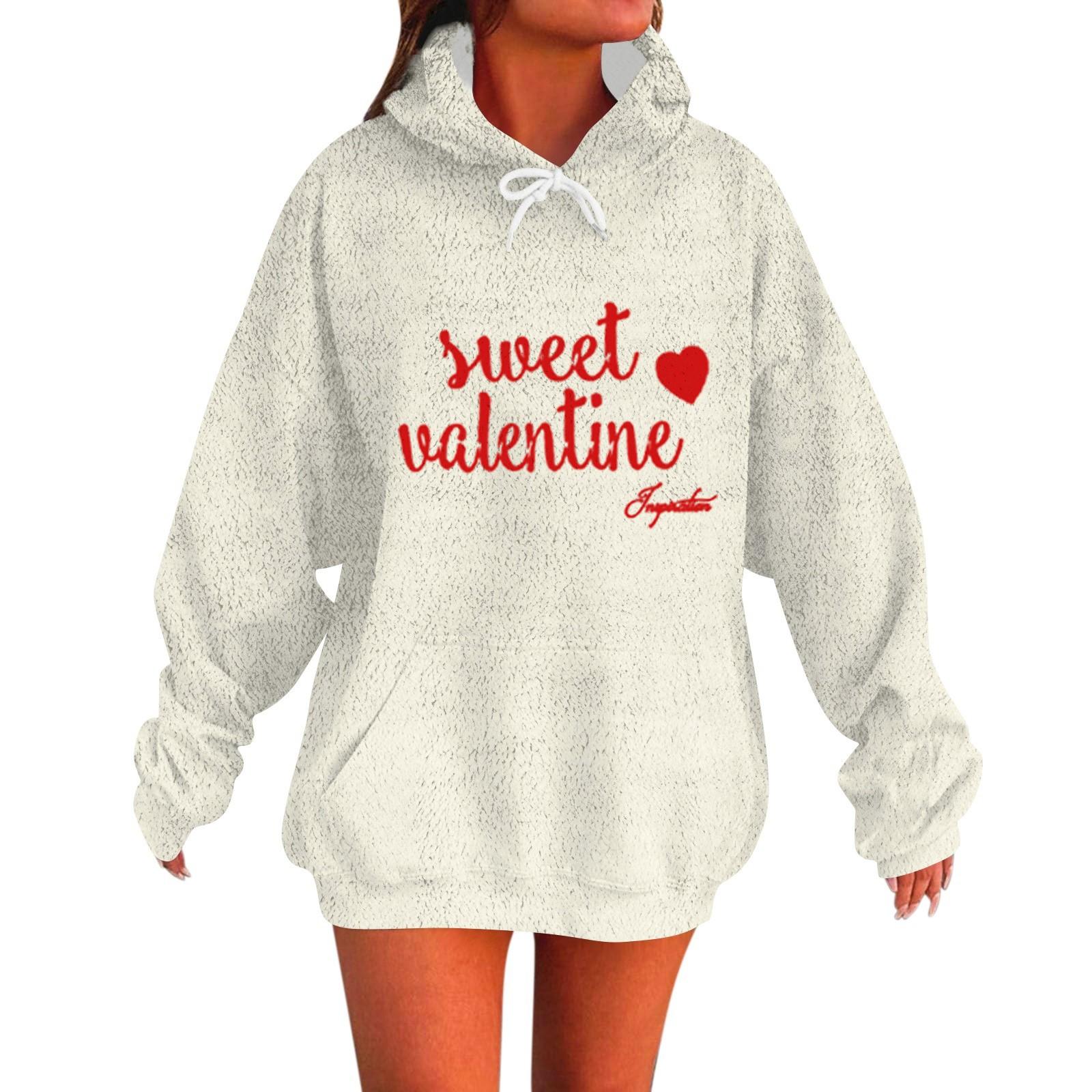

SWEET VALENTINE Женская мода Повседневный свитер с длинными рукавами и капюшоном с принтом ко Дню святого Валентина XL белый